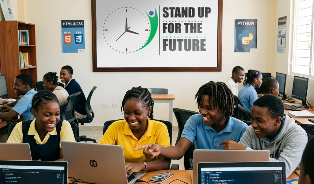 Students learning coding and digital skills in a Stand Up For The Future computer lab